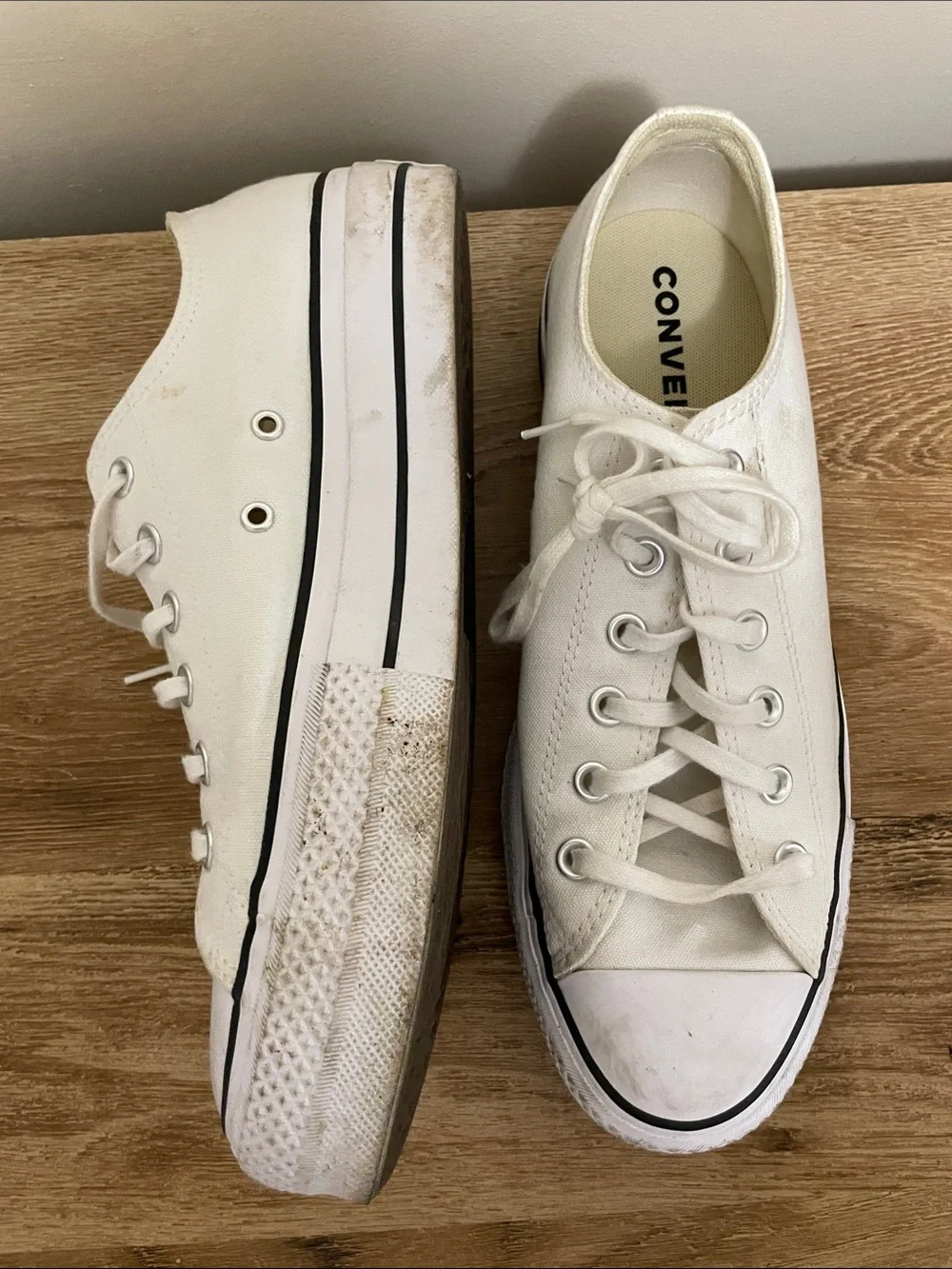Converse White Low Top Canvas Sneakers with Black Trim - Picture 2 of 2